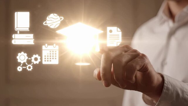 Education and online learning network. Graduation cap, book, calendar and document icons of academic knowledge for study. Business university technology and digital learning training course
