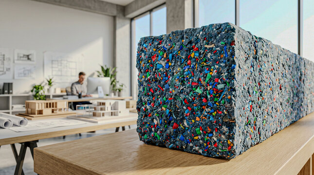 Recycled bio-plastic beam macro with colorful ocean plastic particles in studio light