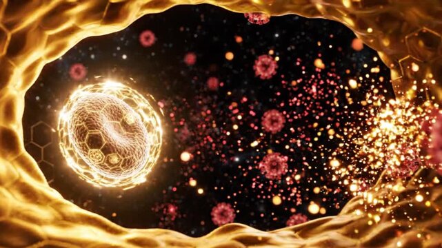 Abstract golden energy shield protecting a glowing human cell from viral attack inside an artery, destroying red virus particles