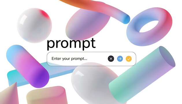 Abstract 3d shapes in pastel gradient colors float around a search bar labeled "prompt" with placeholder text "enter your prompt...", suggesting