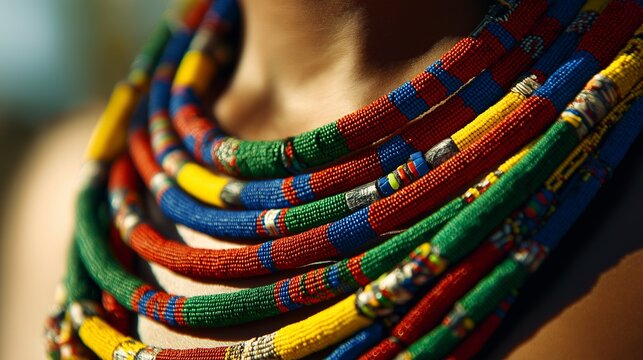 Macro of colorful African bead necklaces against sunlit skin, rich texture
