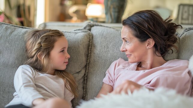Parent and child having a gentle conversation on a sofa, safe emotional space
