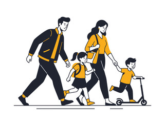 Fototapeta premium Happy Family Walking Together Modern Flat Vector Illustration with Father Mother and Children