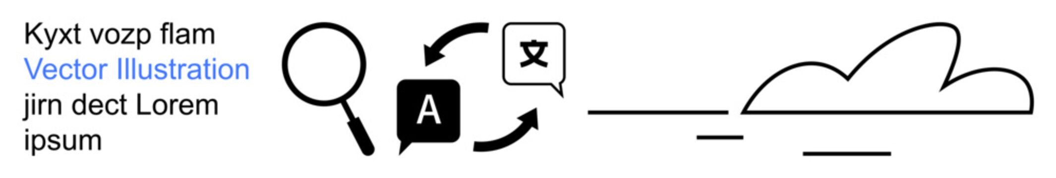 Language localization, cloud computing, text search, machine learning, global communication, software. Magnifying glass, text arrows cloud symbol. Language localization and cloud computing