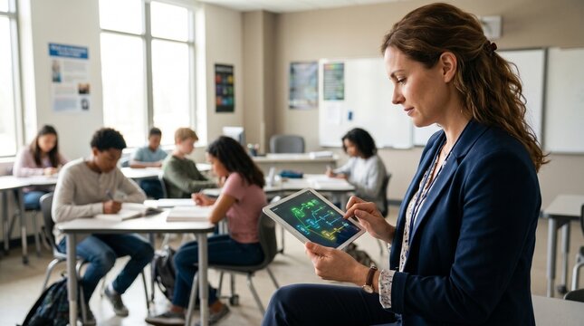 Teacher reviewing AI-driven adaptive learning data in classroom