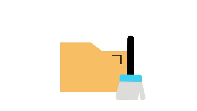Data cleaning and document management concept icon with manila folder, papers, and broom vector illustration 4k 2d loop animation