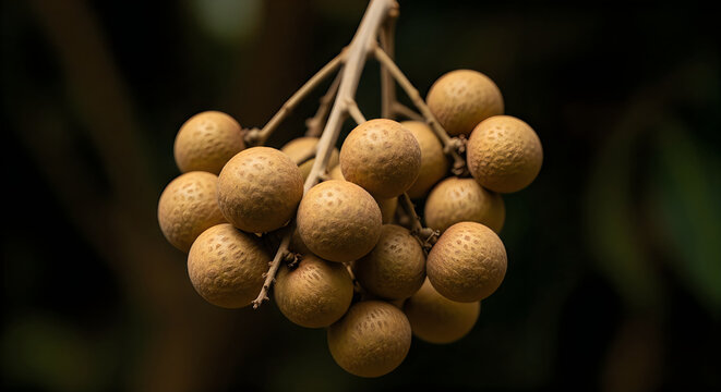 Cluster of longan fruit hanging from branch against dark blurred background close up.