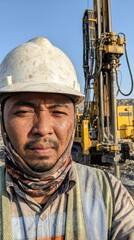 Fototapeta premium Rugged Mining Driller Working at Quarry Site Portrait