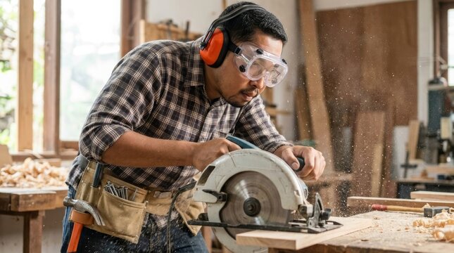 Dynamic Carpenter Using Circular Saw on Workbench Portrait