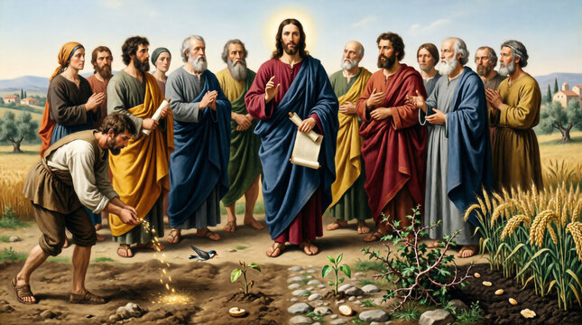 Jesus Teaches the Parable of the Sower to His Disciples in a Beautiful Golden Wheat Field.
