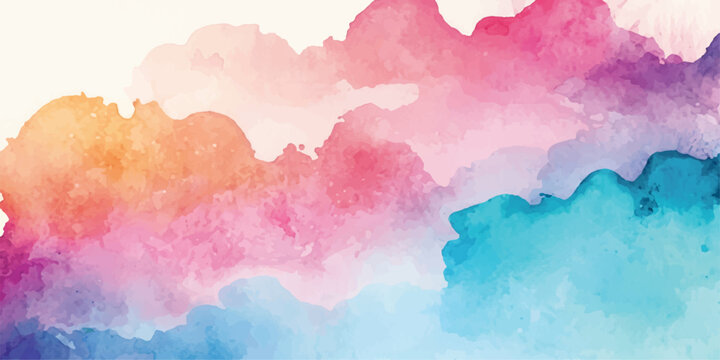 Colorful watercolor sky and cloud background with soft brush paint texture on paper and ink splash illustration