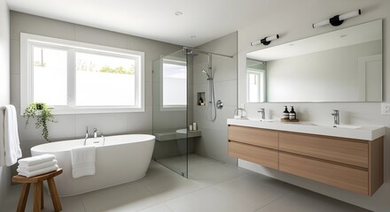 Fototapeta premium Modern Bathroom Interior with Freestanding Bathtub and Double Vanity.