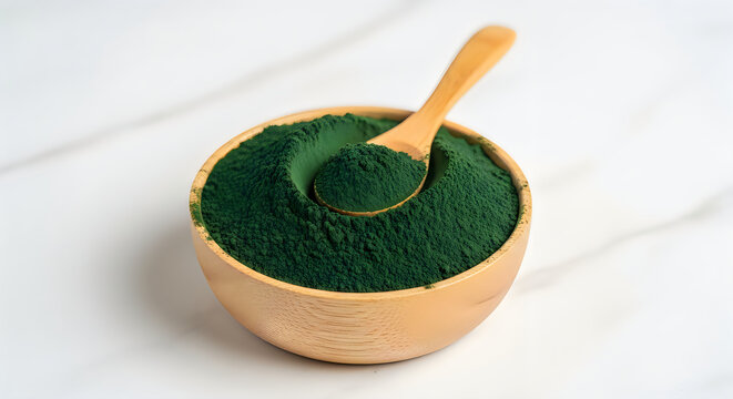 Wooden bowl filled with vibrant green spirulina powder and small spoon on marble surface.