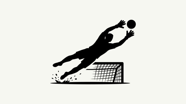 Black silhouette of a soccer goalkeeper jumping to catch a ball
