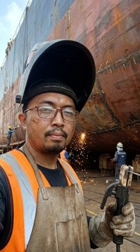 Gritty Shipyard Welder in Dry Dock with Massive Hull Background