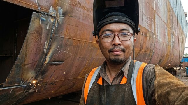 Gritty Shipyard Welder in Dry Dock with Massive Hull Background