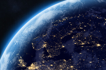 Obraz premium Planet Earth. Europe. Earth planet in outer space. Europe from space. Night on planet with cities lights. Northern, Eastern, and Western Europe at night viewed from space, high resolution image. 
