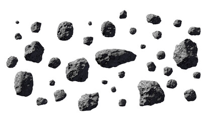 Asteroids or meteorites on white. Asteroid belt or stones or meteorites isolated on white. Swarm of asteroids or space debris. Stones, rocks floating in the air isolated on white background.  © revers_jr