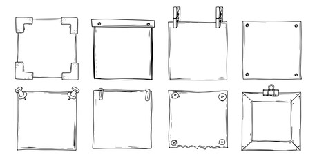 Vector doodle hand drawn paper notes or reminders. Set of line art square paper sheet, tag, notice messages, diary sticky note.  © lubashka