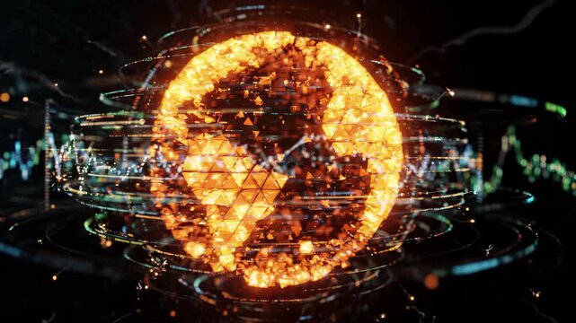 Glowing digital globe with fiery polygon fragments and orbital rings. Futuristic planet earth network and global communication system. Abstract cyber technology, data connection and financial market