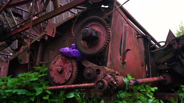 old retro red agricultural harvester for combine harvester for threshing wheat barley and soybeans in summer and autumn