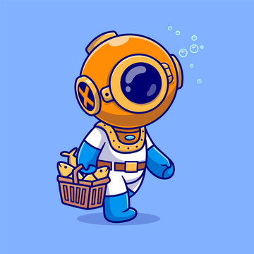 Cute Diver Holding Basket With Fish Cartoon