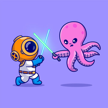 Cute Diver Fighting With Octopus With Light Saber Sword 
Cartoon