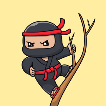 Cute Ninja Hanging On Tree Cartoon