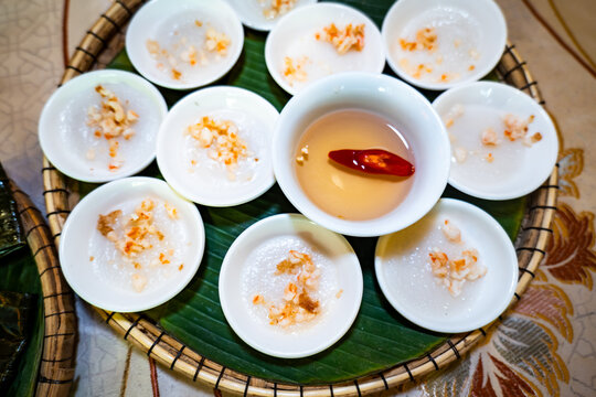 Banh Beo, Vietnamese traditional dish originated in Hue, Vietnam. Banh Beo rice cakes served in Hue