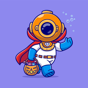 Cute Diver Dracula Bring Pumpkin Basket Candy Cartoon 