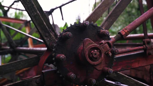 old retro red agricultural harvester for combine harvester for threshing wheat barley and soybeans in summer and autumn