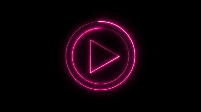 Neon pink play button glowing in dark background, modern digital media symbol for streaming and web interface