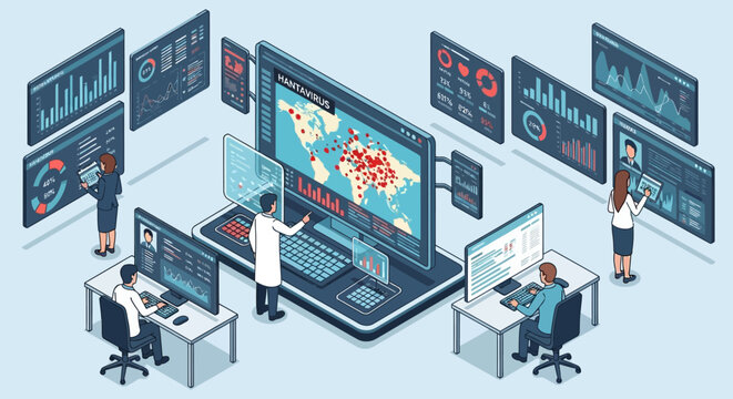 Isometric Data Analytics Center with Professionals Monitoring Global Information Systems