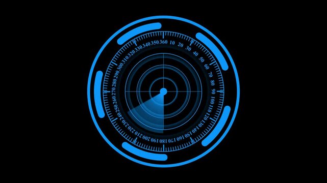 Blue digital radar hud interface scanning animation, futuristic circular tech display for sci-fi ui and data monitoring