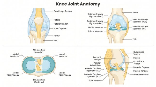 Multi-view labelled anatomy chart of the human knee joint