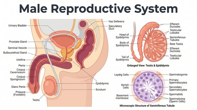 Labelled anatomy chart of the male reproductive system with prostate detail