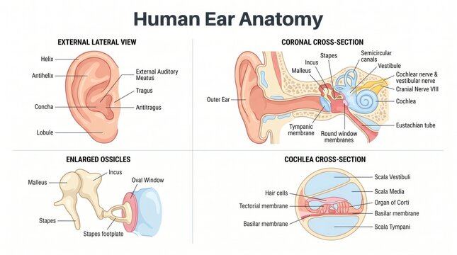 Labelled ear anatomy chart showing cochlea, ossicles and inner ear