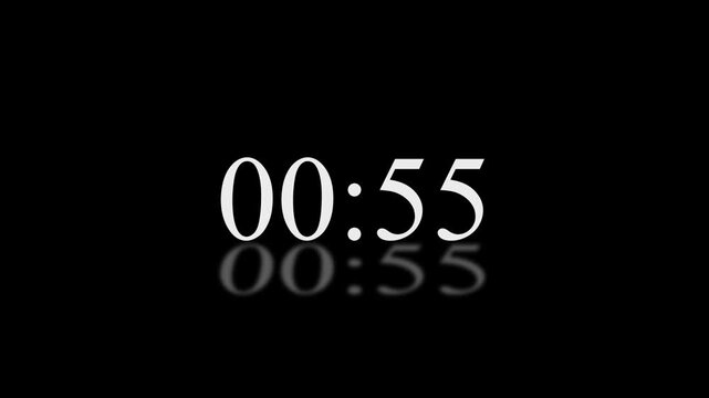 Minimalist digital countdown timer clock with reflection effect for presentations and transitions