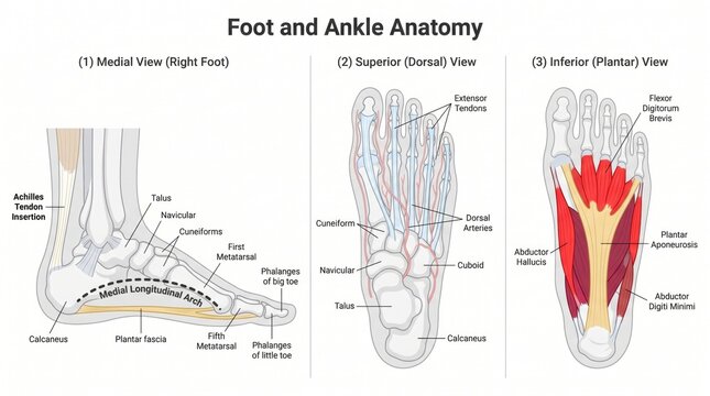 Labelled anatomy chart of human foot and ankle with plantar views