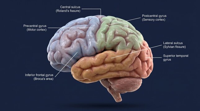 Lateral view 3D photorealistic brain render with labelled cortical lobes