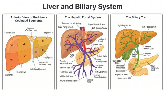 Anatomy infographic of liver and biliary system with Couinaud segments