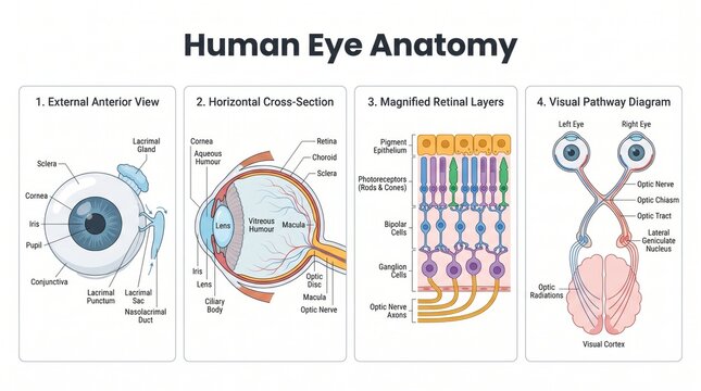 Four-panel eye anatomy poster with visual pathway and retina detail