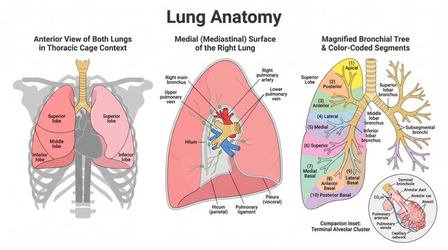 Labelled lung anatomy poster with bronchopulmonary segments and lobes