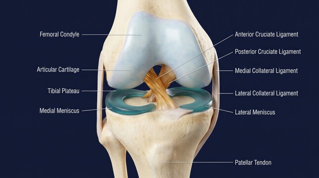 3D photorealistic anatomical render of human knee joint with ligaments