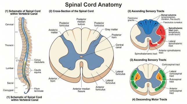 Cross-section spinal cord anatomy chart with ascending and descending tracts