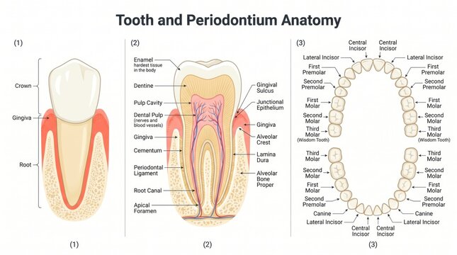 Tooth and periodontium anatomy poster with labelled dentition diagram
