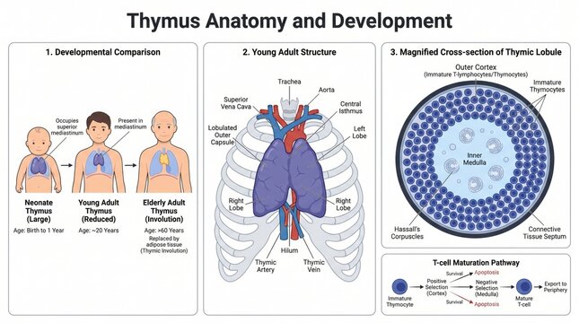 Thymus anatomy poster showing lobule structure and T-cell maturation