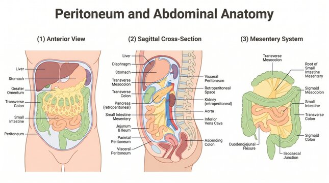 Anatomy chart of peritoneum and abdominal organs with spatial relationships