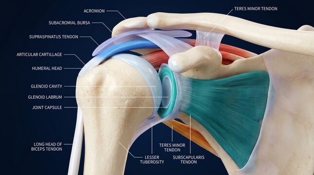 3D photorealistic shoulder joint render with rotator cuff tendon detail