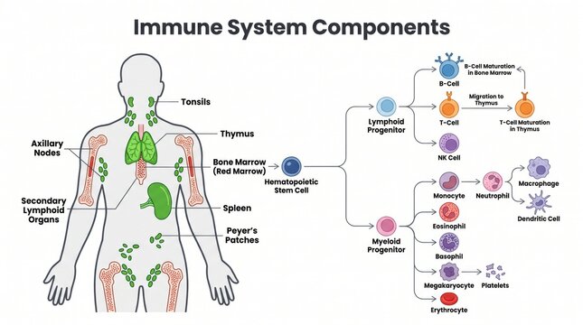 Cell differentiation pathway chart of human immune system components
